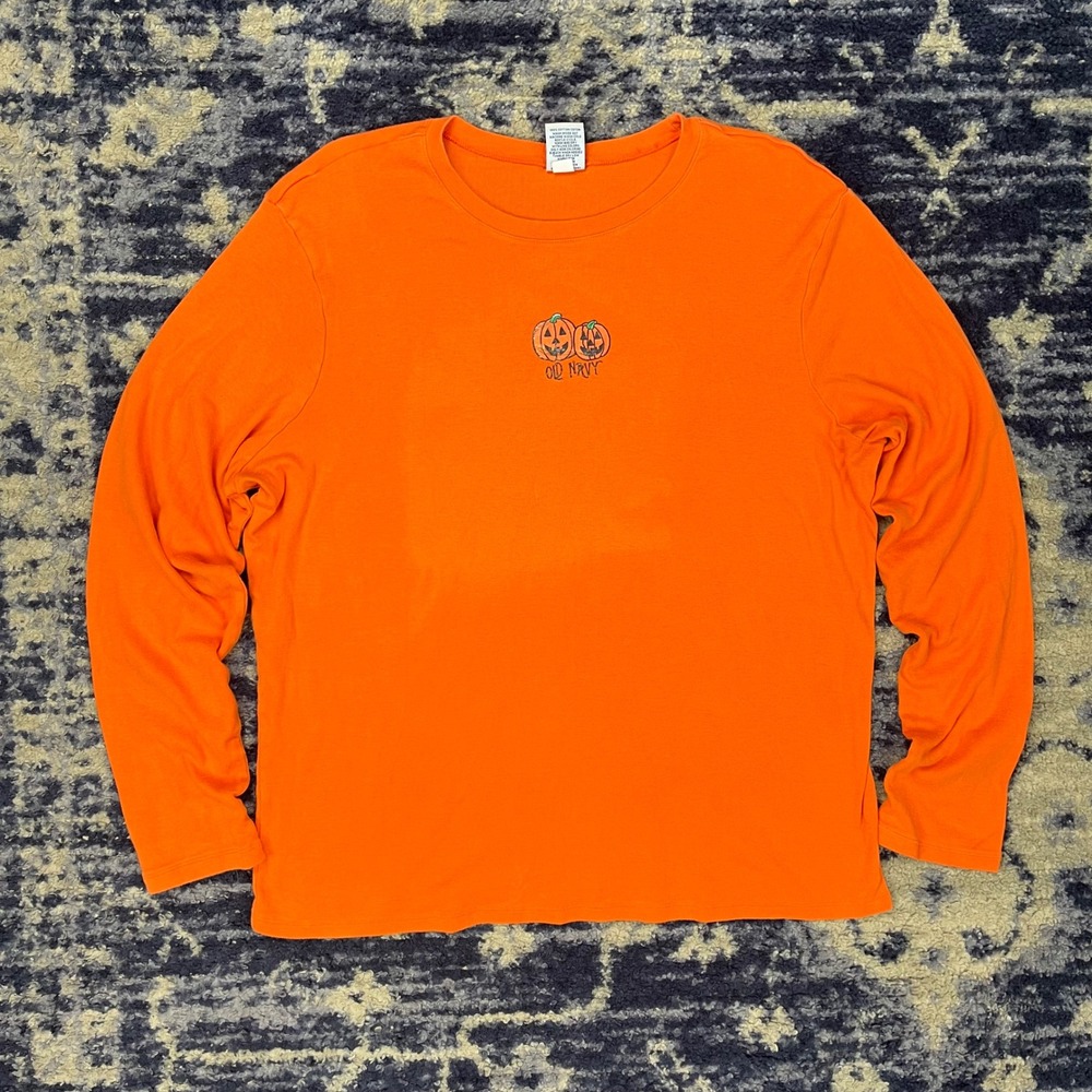 Old Navy Womens XL Orange Long Sleeve Pumpkin Halloween Graphic T-Shirt Cotton